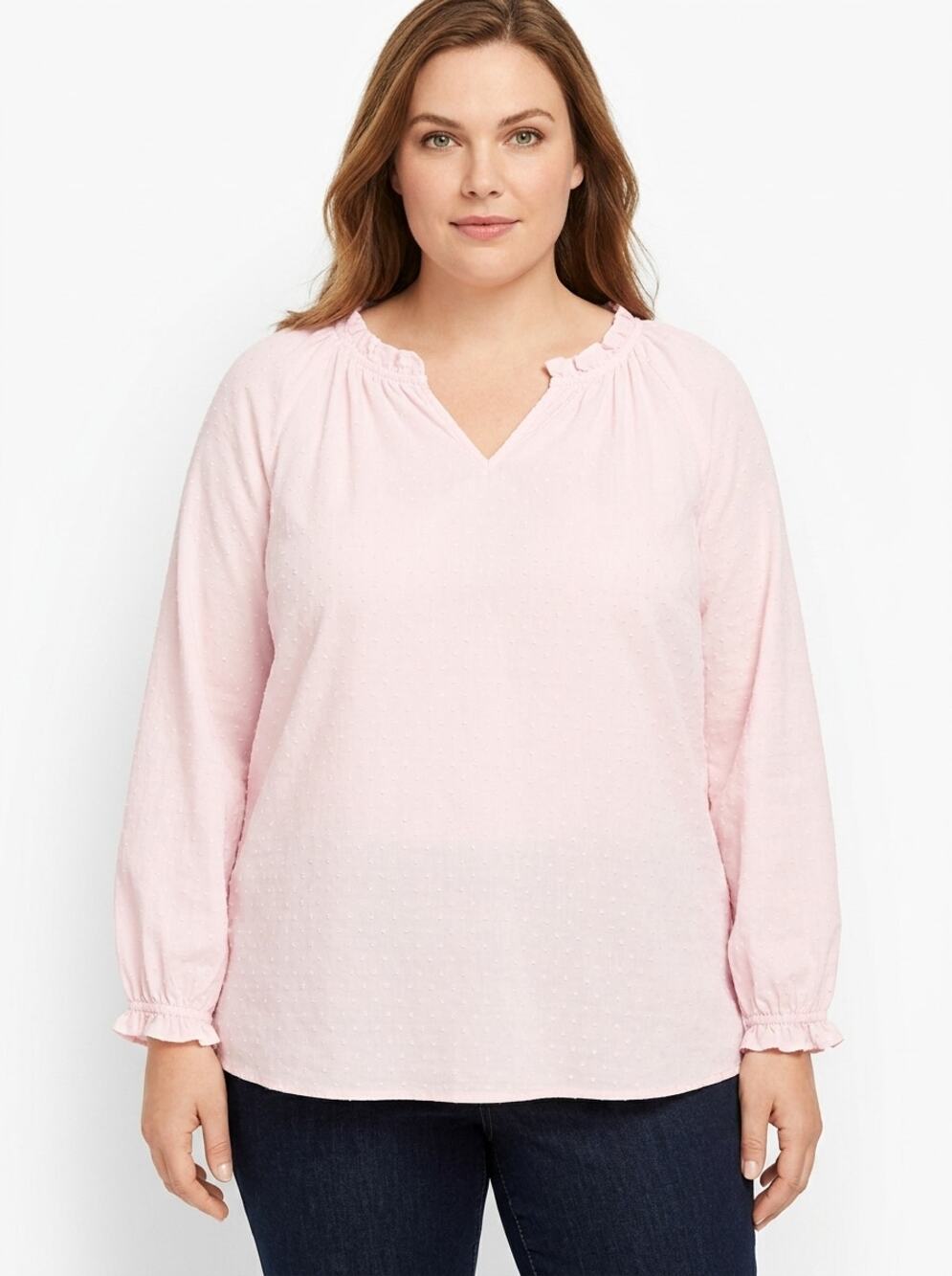 Talbots Pink Ruffle V-Neck Lightweight Dotted Blouse Women Plus Size 1X